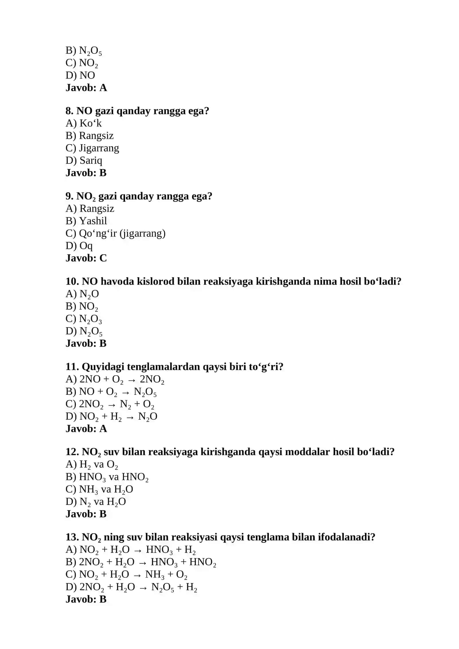 Azotning kislorodli birikmalari testlar 2