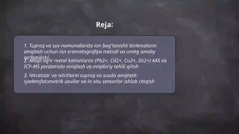 Ion bog'lanishli birikmalarni aniqlash uchun ion xromatografiya metodi 2