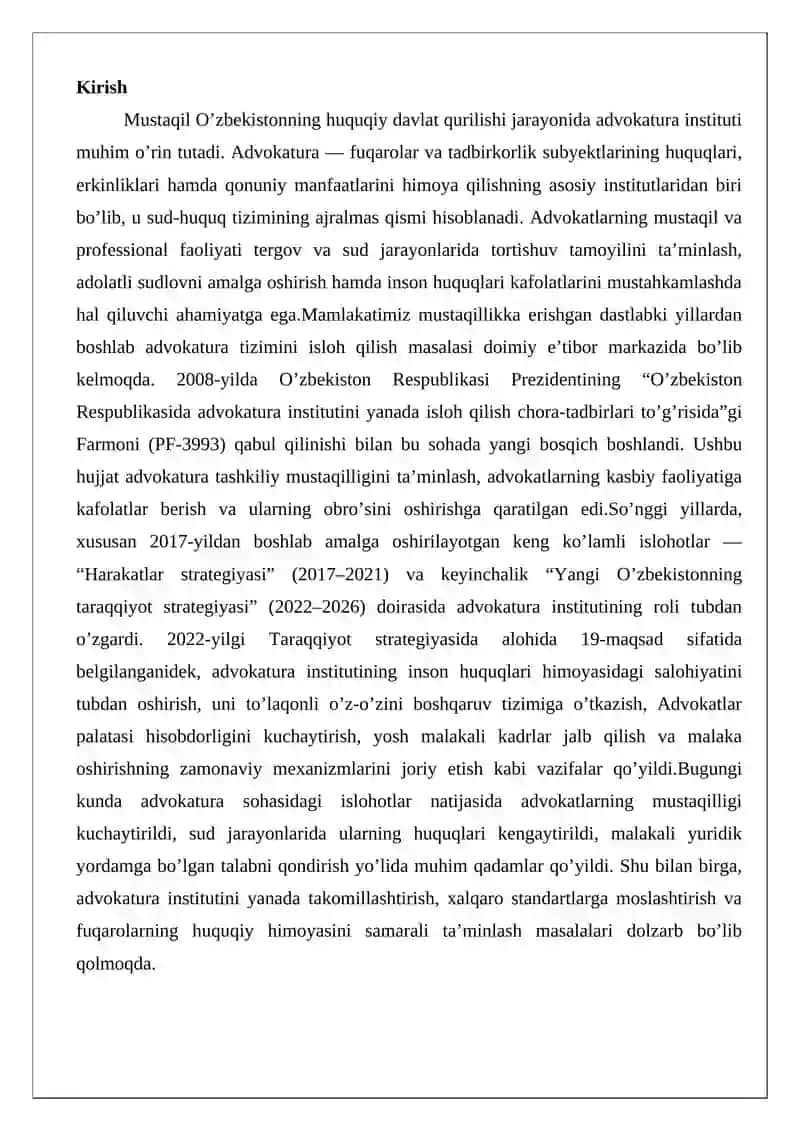 O’zbekiston Respublikasida advokatura institutining isloh etilishi 2