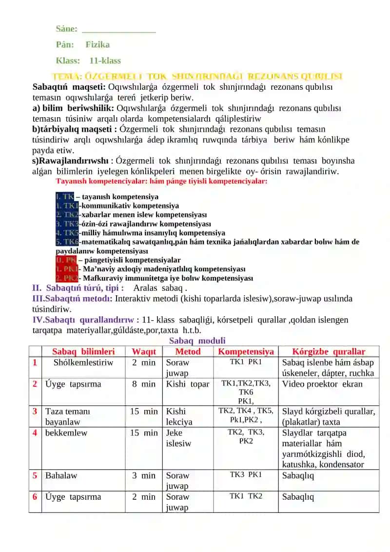 ÓZGERMELI TOK SHINJIRINDAǴI REZONANS QUBILISI 2