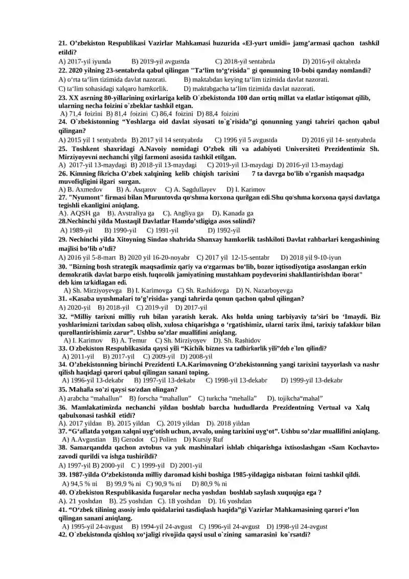 O’ZBEKISTONNING ENG YANGI TARIXI FANIDAN TESTLAR TO’PLAMI 2