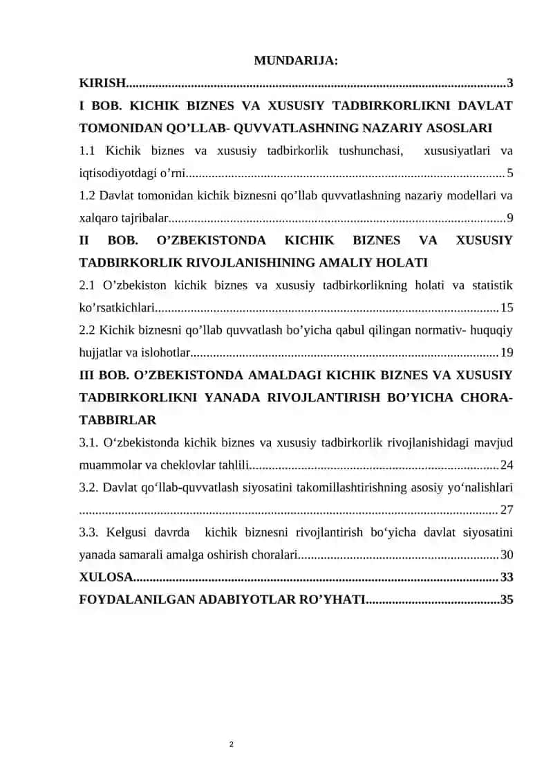 KICHIK BIZNES VA XUSUSIY TADBIRKORLIKNING RIVOJLANISHI DAVLAT TOMONIDAN QO’LLAB QUVVATLASH SIYOSATINING YO’NALISHLARI 2