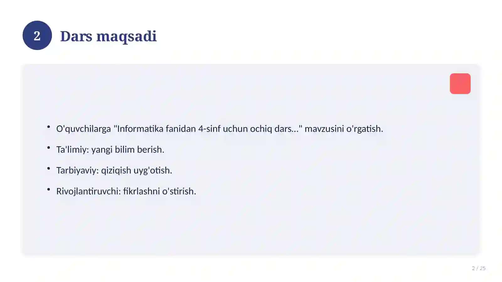 Informatika fanidan 4-sinf uchun ochiq dars ishlanmasi 2