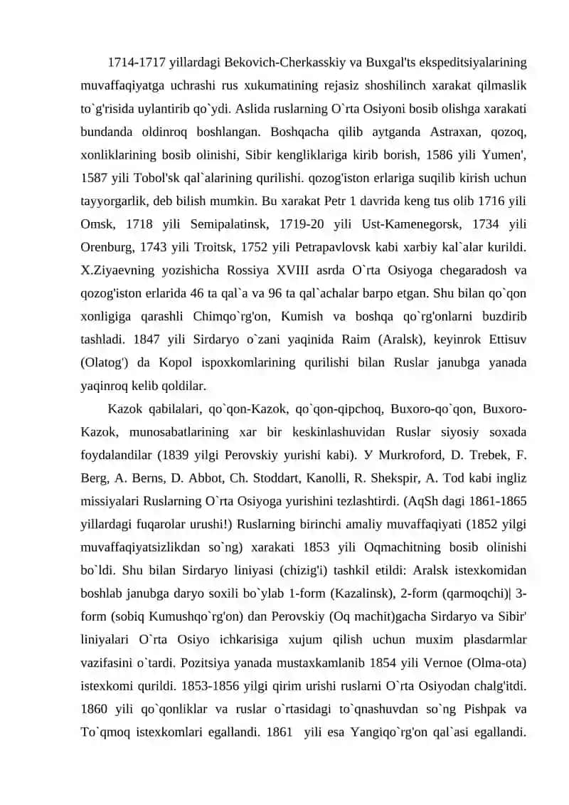 Rossiya imperiyasining O`rta Osiyoni istilo qilishi tarixiy geografiyasi 2