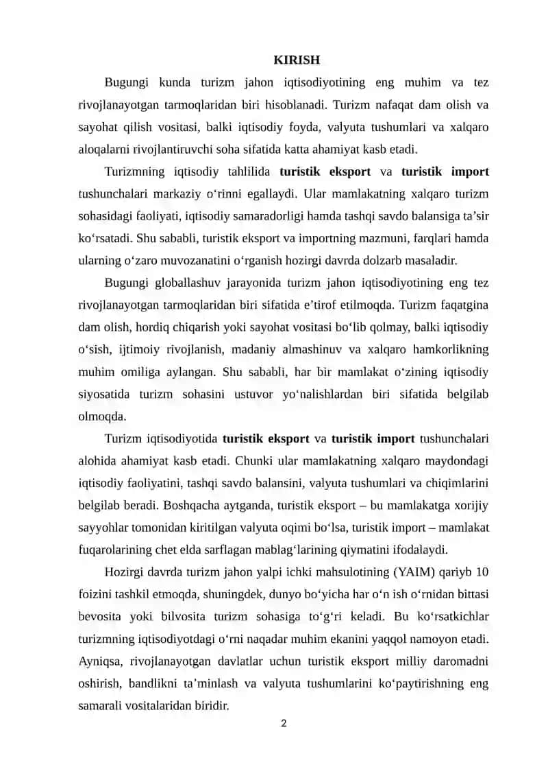 TURISTIK EKSPORT VA TURISTIK IMPORT MAVZUSIDA REFERAT 2