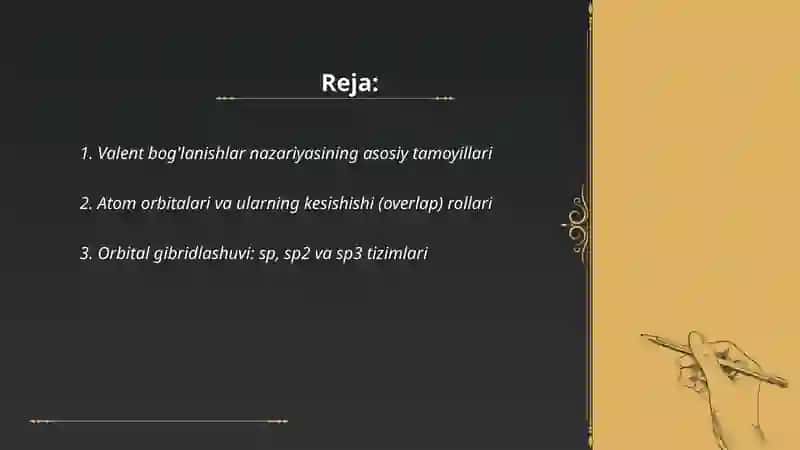 Kimyoviy boğ hosil boʻlishida valent boğlanishlar nazariyasi va molekulyar orbitallar 2