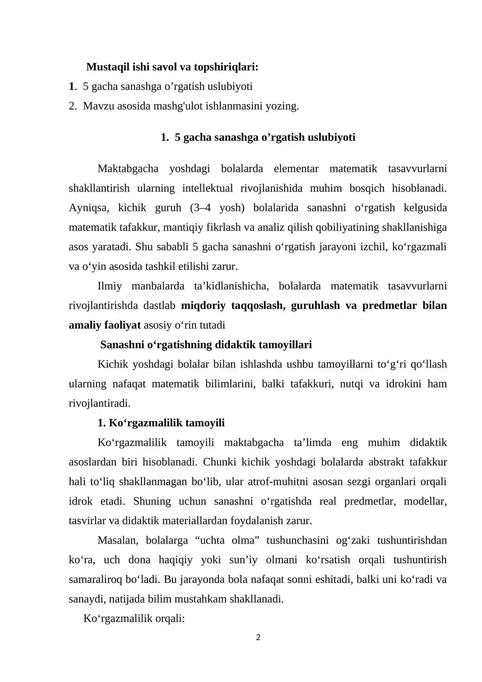 Matematik tasavvurlarini shakllantirish moduli bo’yicha 2