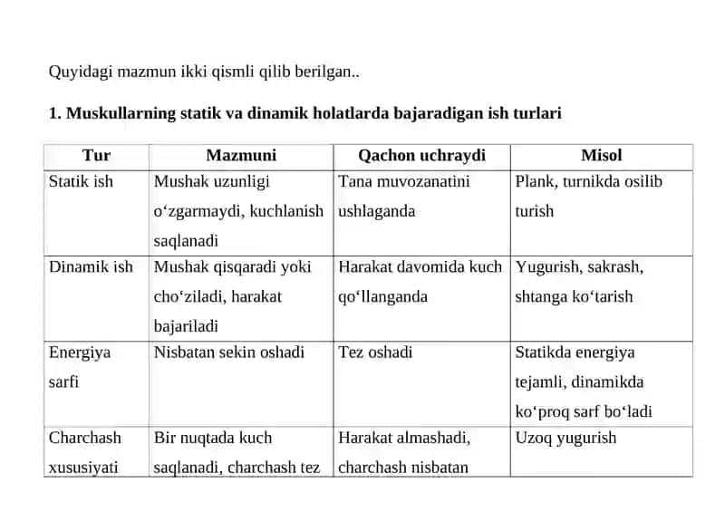 Muskullarning statik va dinamik holatlarda bajaradigan ish turlari 2