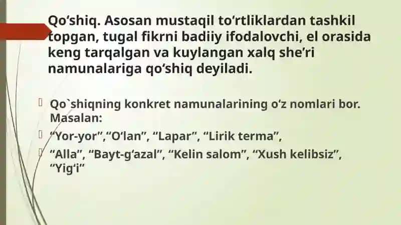 XALQ OG‘ZAKI BADIIY IJODI JANRLARI 2