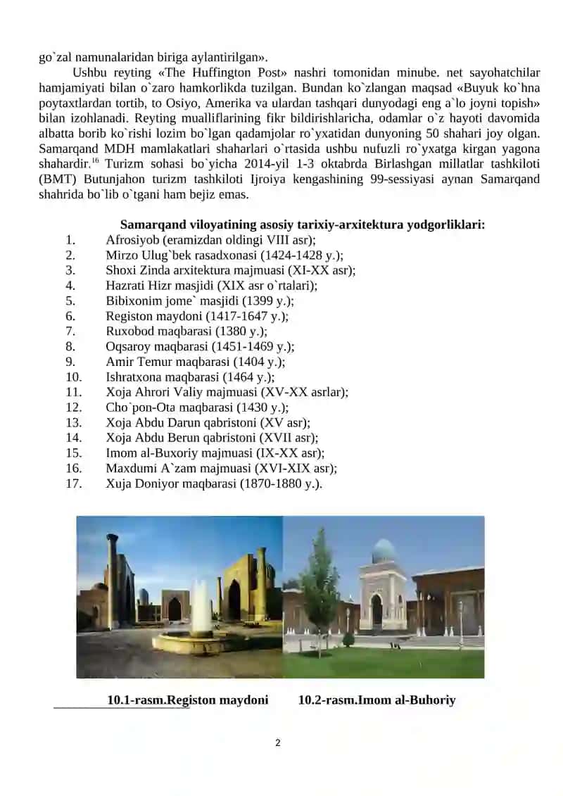 O`ZBEKISTONNING TARIXIY- ARXITEKTURA YODGORLIKLARI EKSKURSIYASI 2