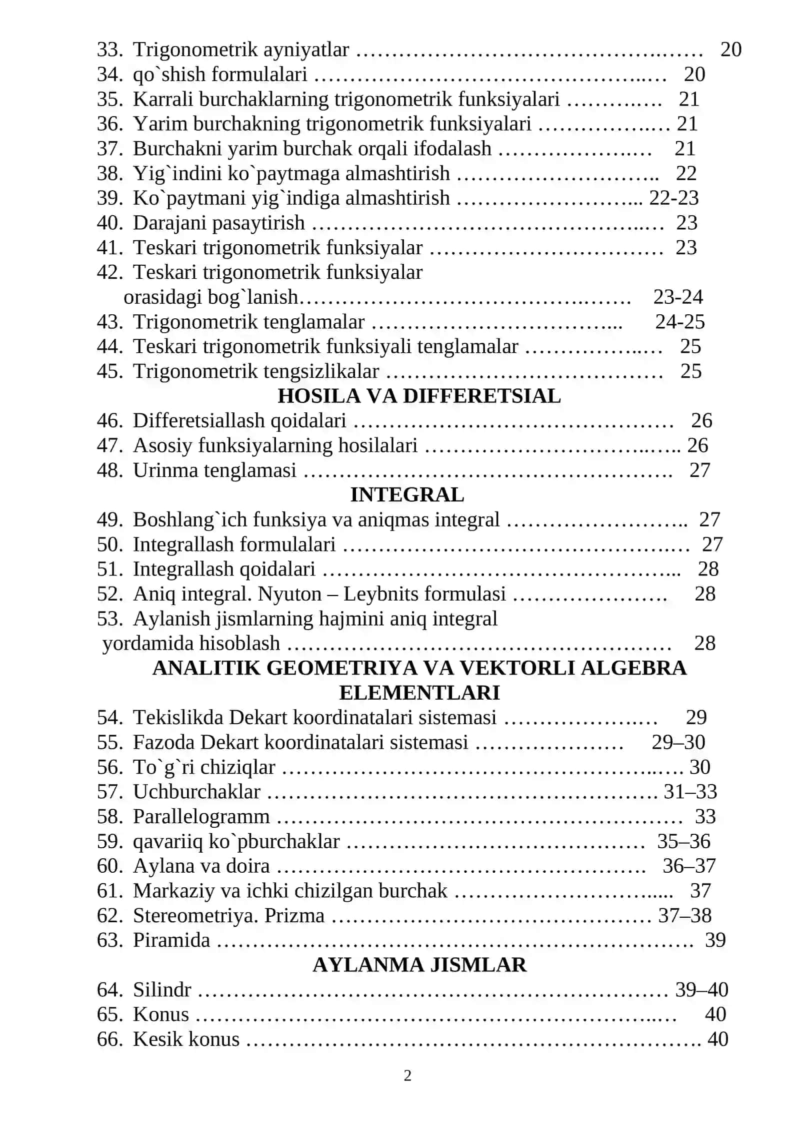 Matematikadan formulalar to‘plami 2