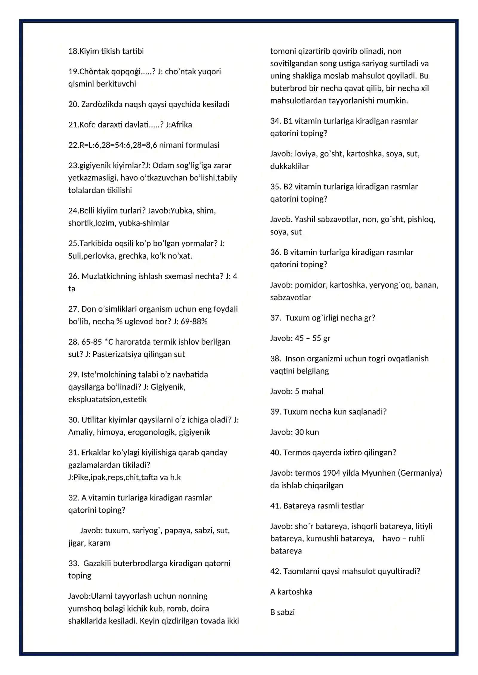 Texnologiya fanidan 200 talik test javoblari bilan 2