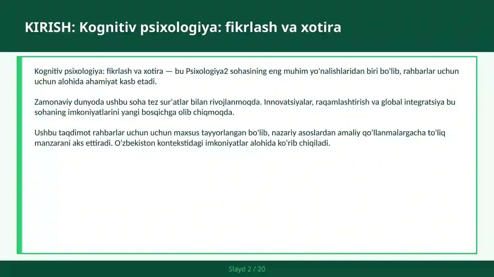 KOGNITIV PSIXOLOGIYA: FIKRLASH VA XOTIRA 2