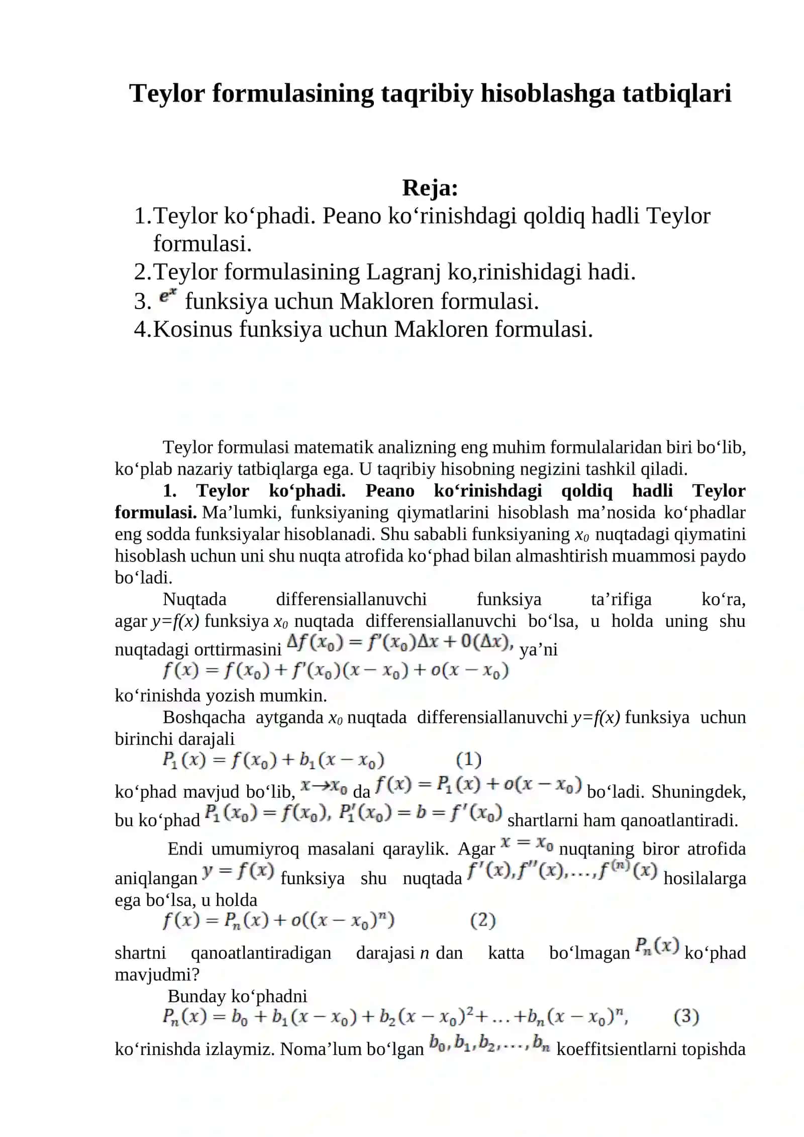 Teylor formulasining taqribiy hisoblashga tatbiqlari 2