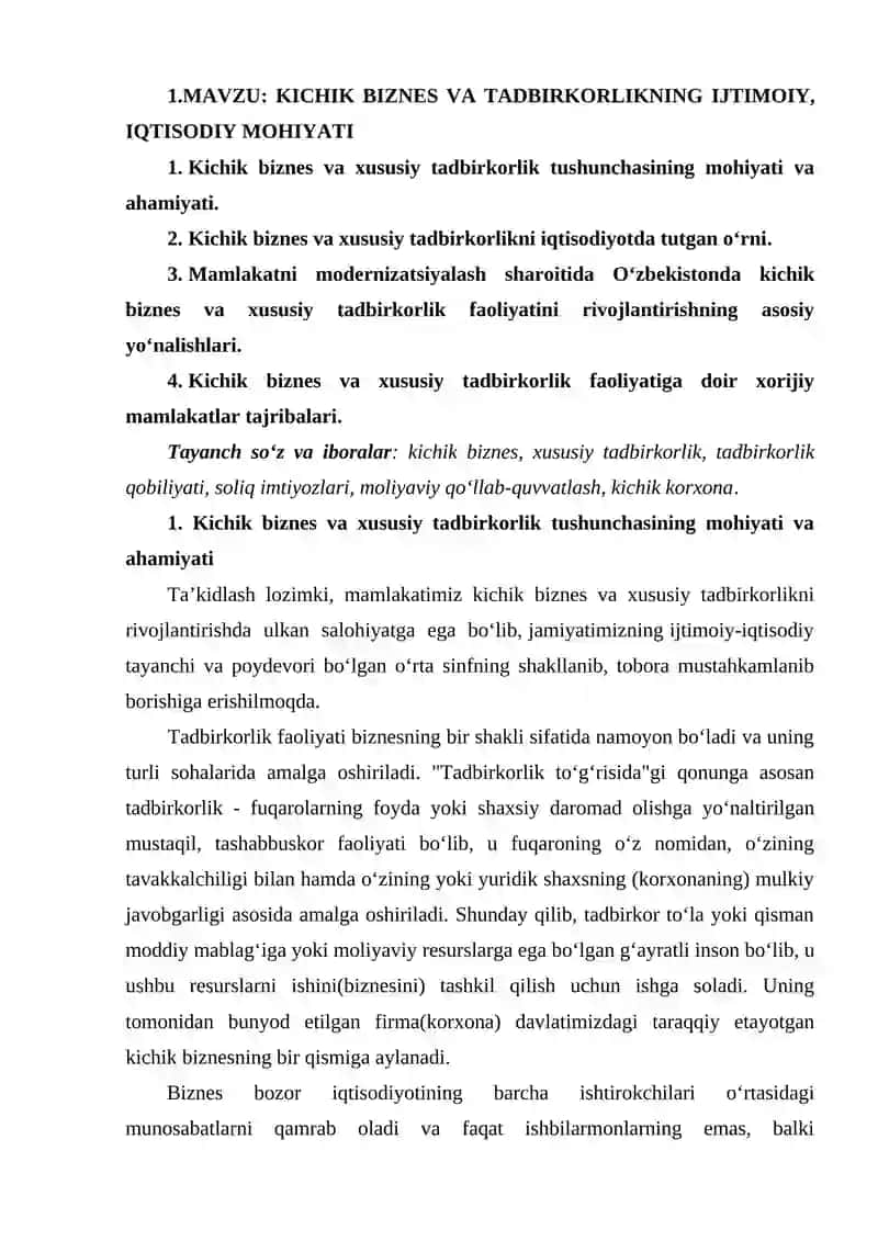 Kichik Biznes va Xususiy Tadbirkorlik 2