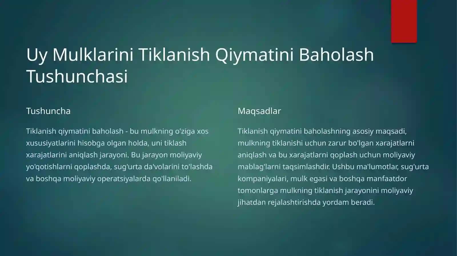 SHAXSIY UY JOYLARNING TIKLANISH QIYMATINI BAHOLASH 2