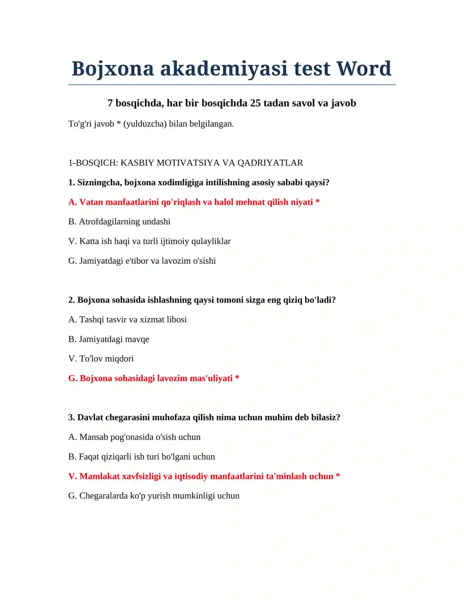 Bojxona akademiyasi test Word 2