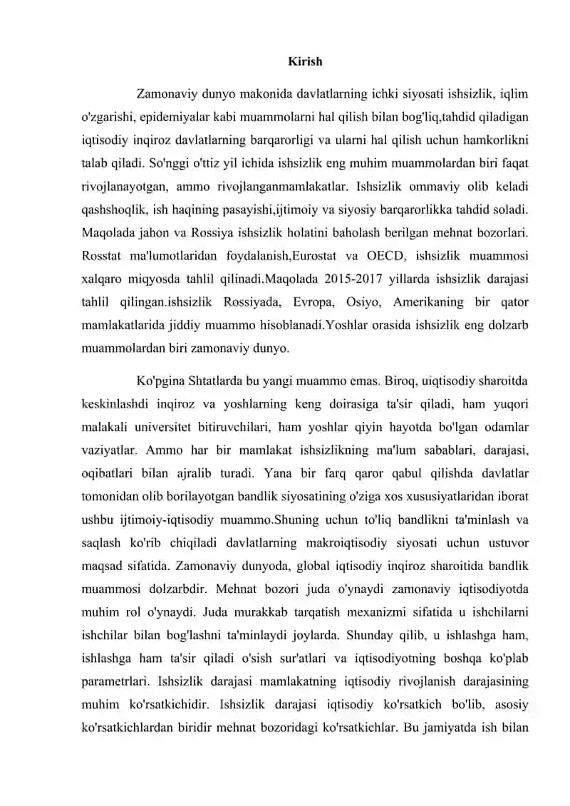 Zamonaviy dunyo makonida davlatning ichki siyosati ishsizlik 2