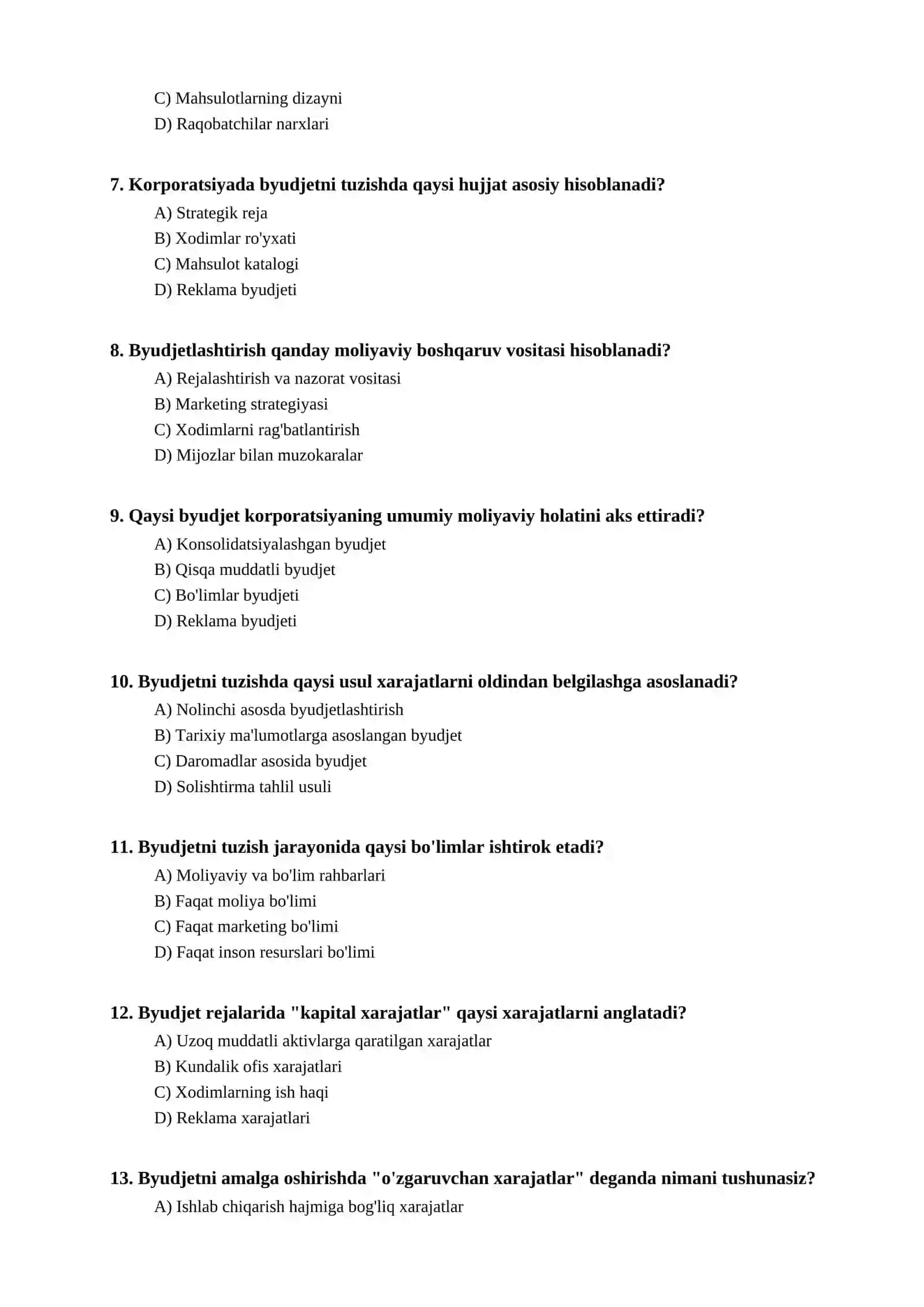 Korporatsiyalarda byudjetlashtirish bo'yicha test 2