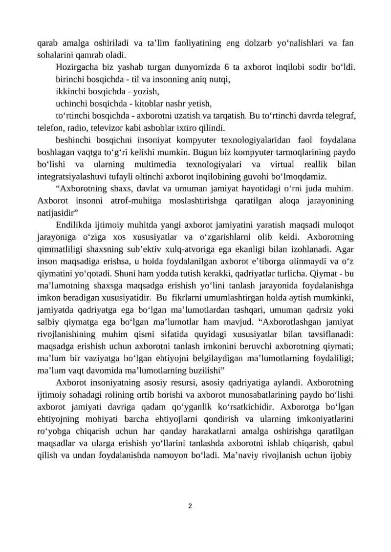 AXBOROTNI JAMIYATDA TUTGAN O`RNI VA AHAMIYATI 2