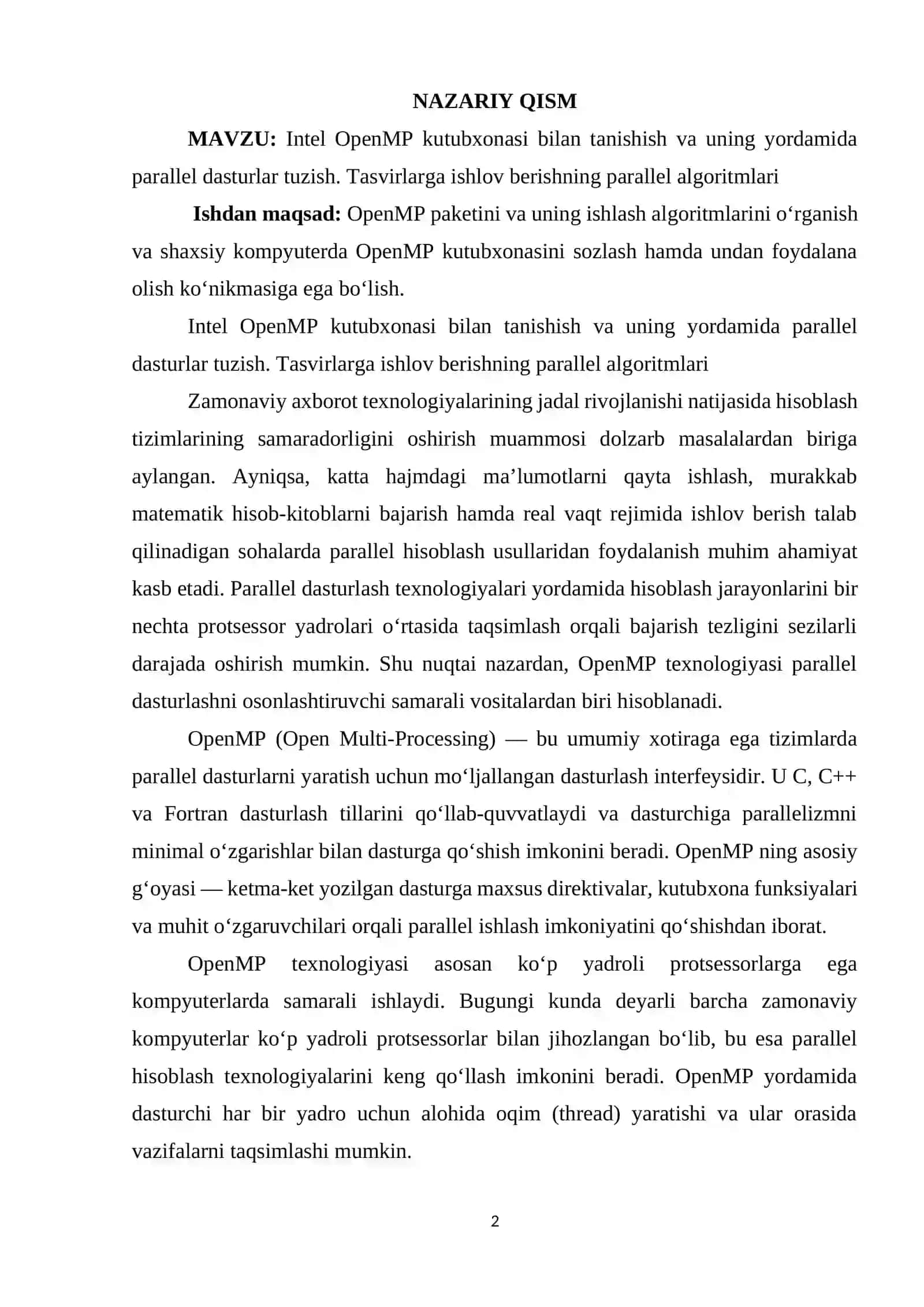 Intel OpenMP kutubxonasi bilan tanishish va uning yordamida parallel dasturlar tuzish 2