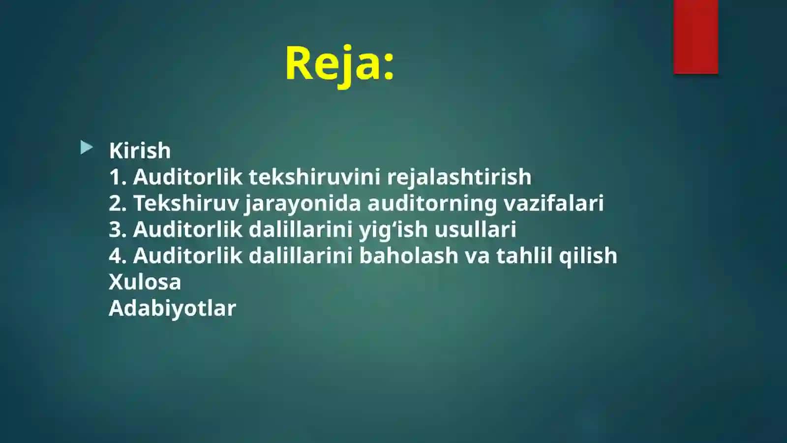 Auditorlik tekshiruvini rejalashtirish va auditorlik dalillarini yig'ish 2