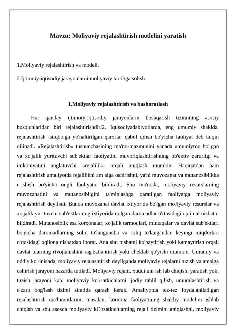 Moliyaviy rejalashtirish modelini yaratish 2