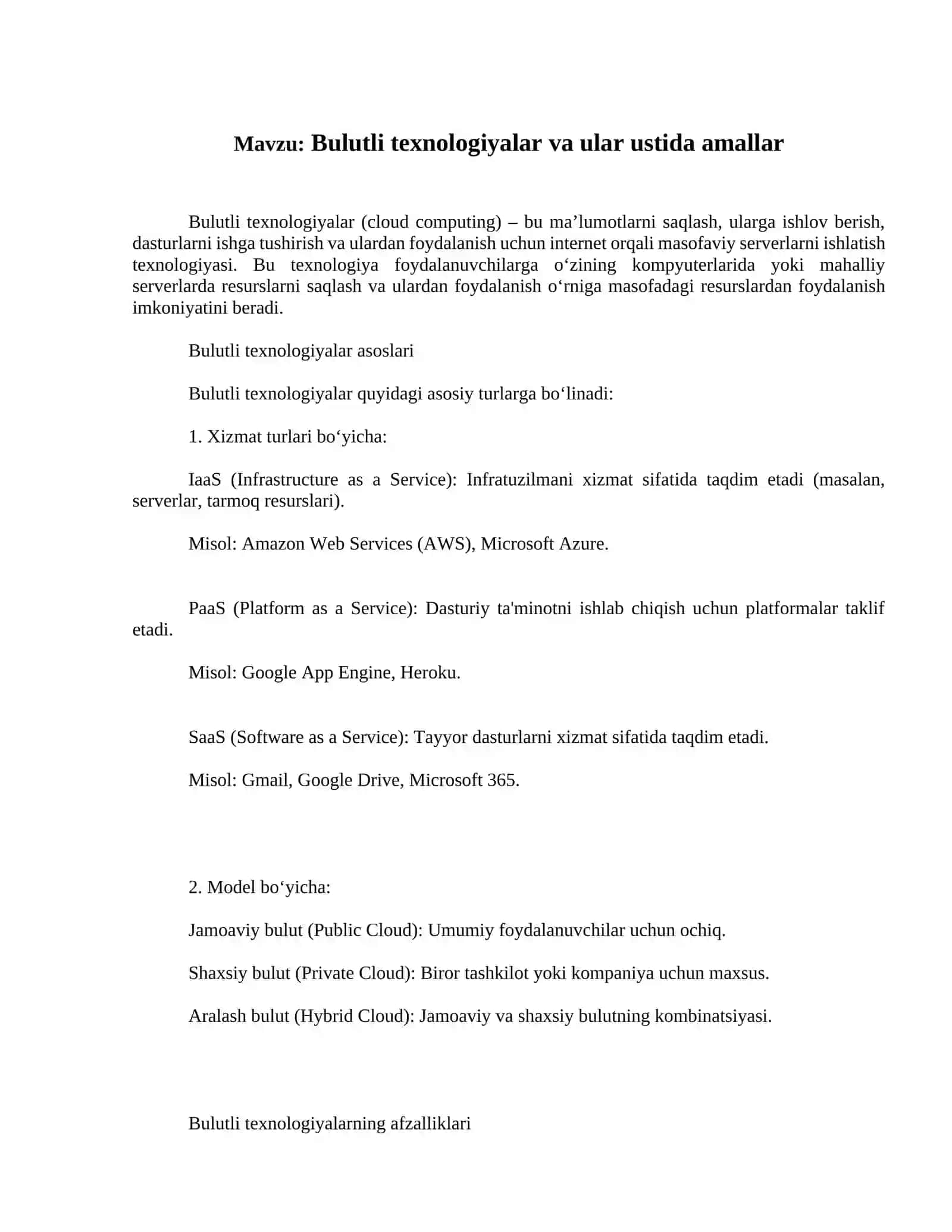 Mavzu: Bulutli texnologiyalar va ular ustida amallar 2