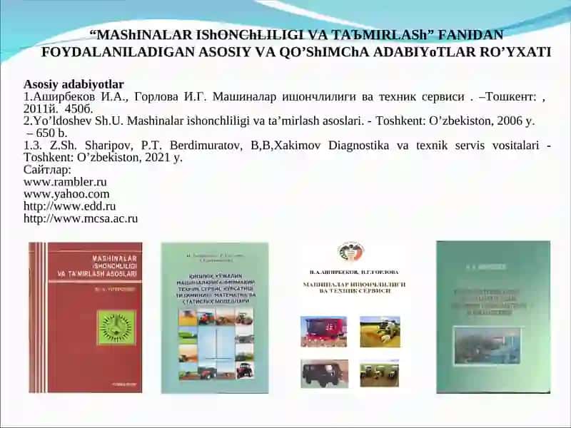 Машиналар ишончлилиги ва техник сервиси 2