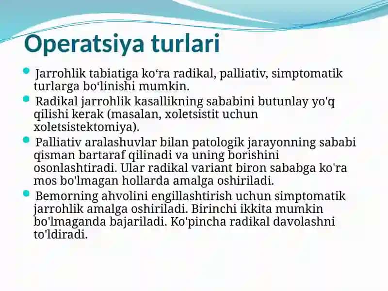 Xirurgik operatsiya turlari va ularning davrlari 2