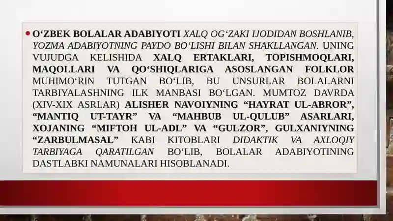 O‘zbek  bolalar adabiyotining shakllanishi 2