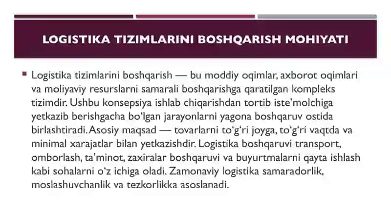 Logistika tizimlarini boshqarish konsepsiyasi 2