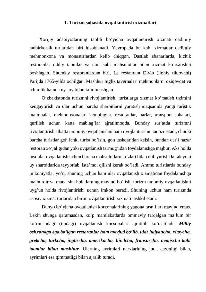 Turizm sohasida ovqatlantirish xizmatlari 2