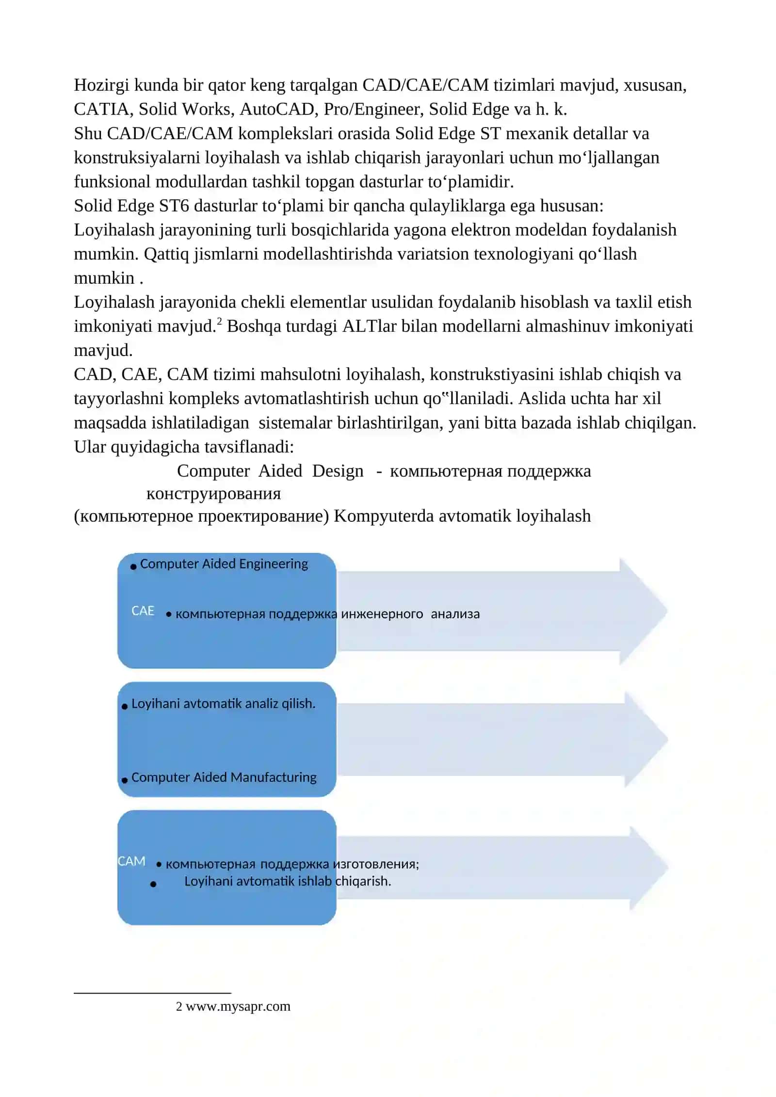 Grafik dasturlar (AutoCAD, KOMPAS 3D, SOLIDWORKS) haqida tushuncha, ulardagi buyruqlar va ulardan foydalanish.CAD,CAE,CAM tizimi haqida ma’lumot.Avtomatik loyihalash tizimi strukturasi.CAD tizimining vazifalari.CAE tizimining vazifalari.CAM tizimining vazifalari 2