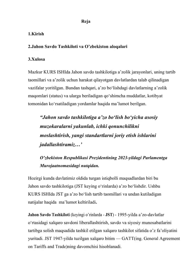 Jahon Savdo Tashkiloti va O‘zbekiston aloqalari 2
