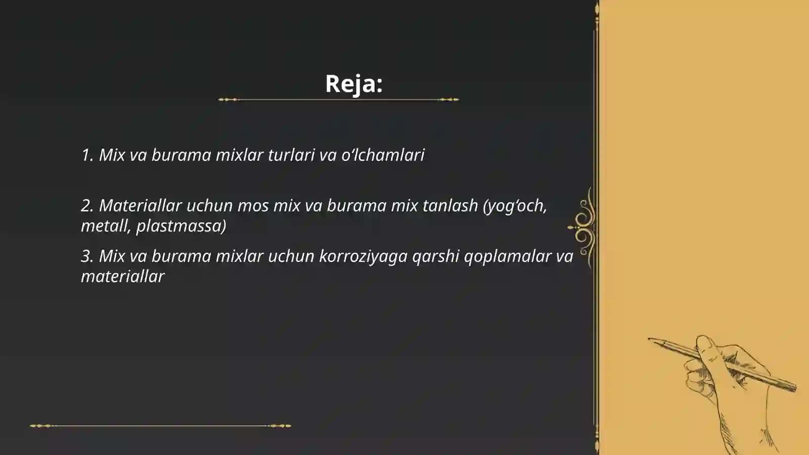 Mix va burama mixlar yordamida oddiy birikma tayyorlash texnologiyasi 2