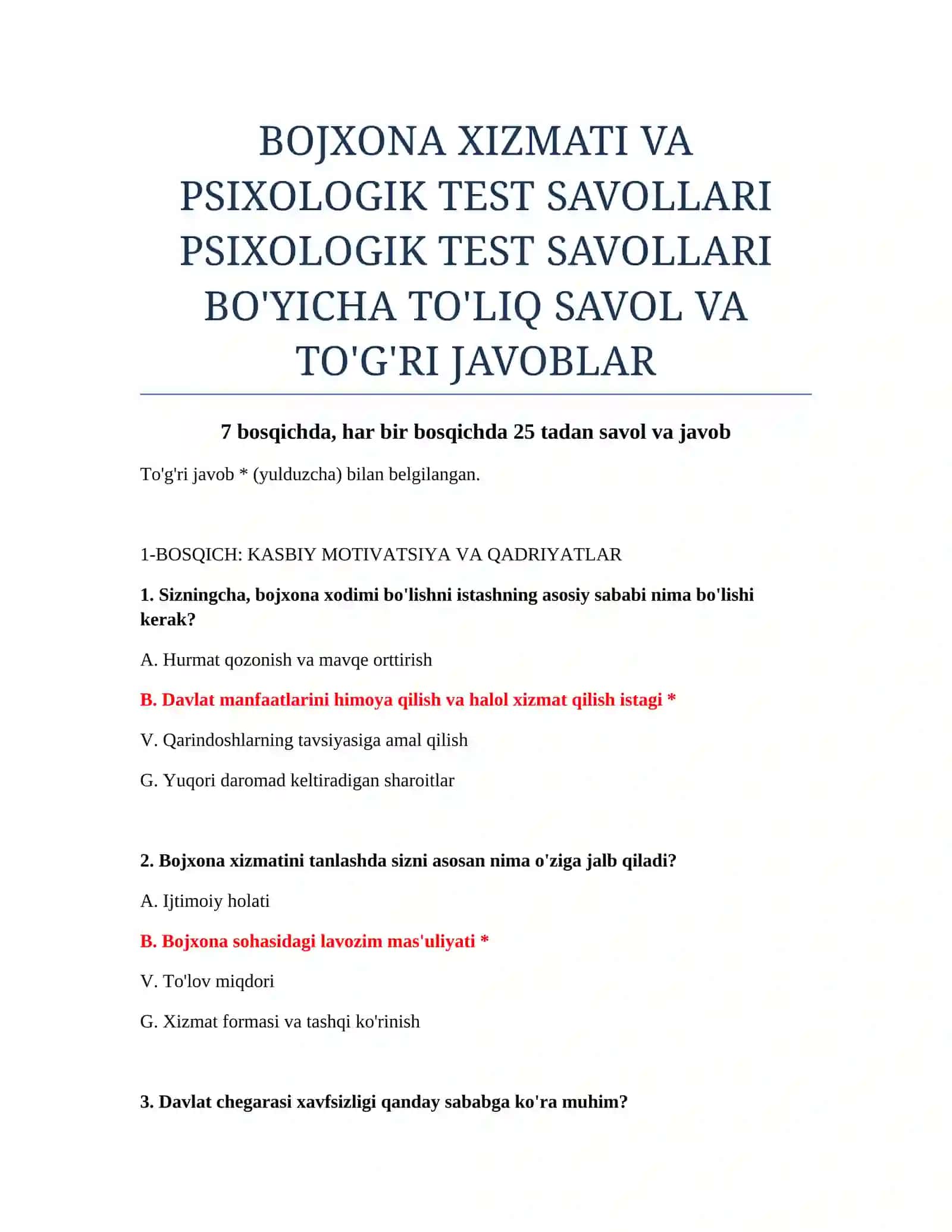 BOJXONA XIZMATI VA PSIXOLOGIK TEST SAVOLLARI 2