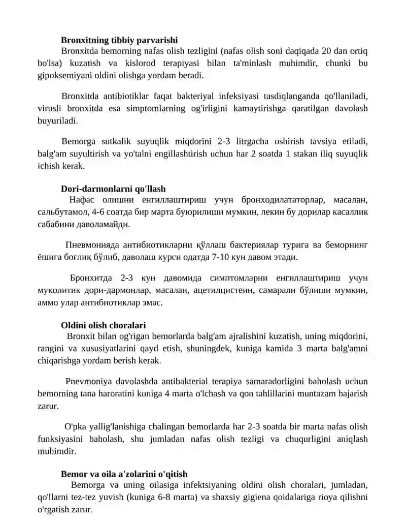 Nafas olish a'zolari kasalliklari bronxit va zotiljam hamshiralik ishi 2