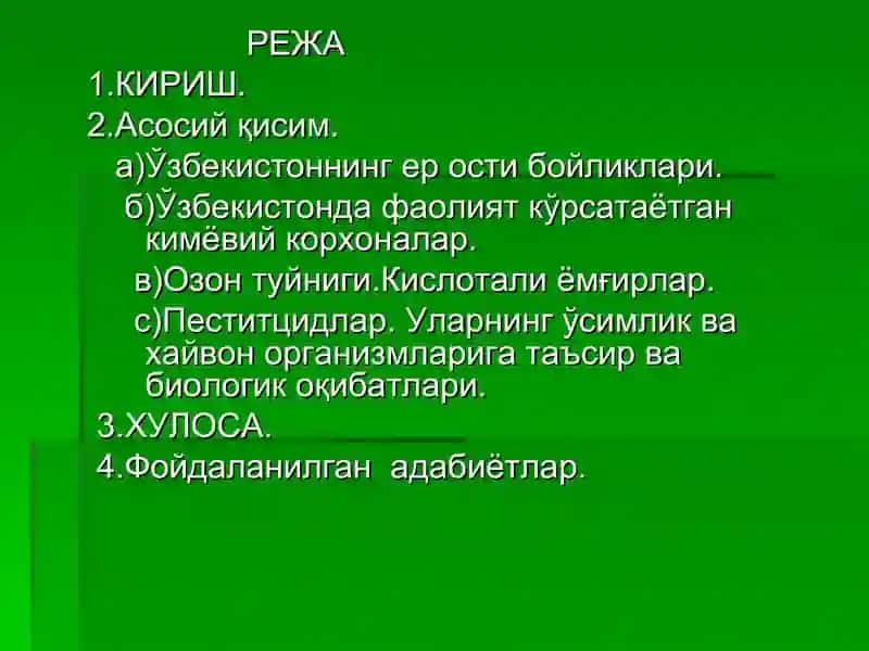 O'zbekistonning kimyo sanoati. Ekalogiya 2