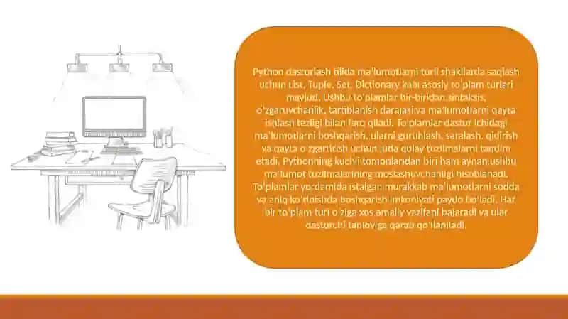 Python dasturlash tilida to‘plamlar (List, Set, Tuple, Dictionary) bilan ishlash 2