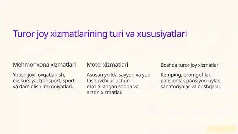 Turizm sohasida turor joy xizmatlari 2