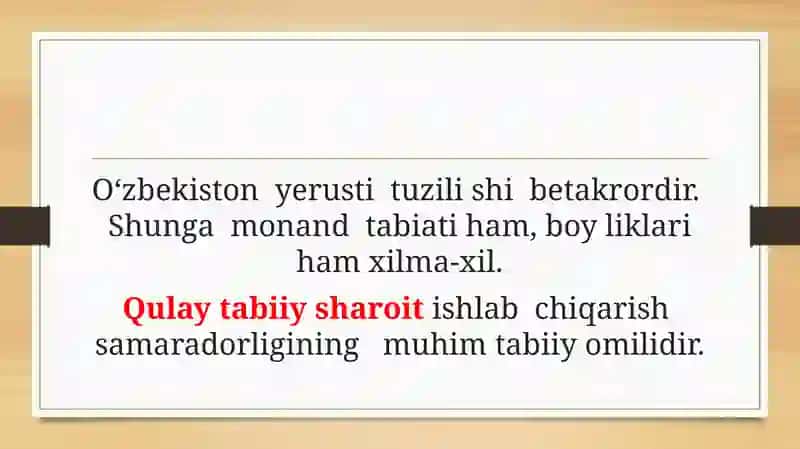 O‘ZBEKISTONNING TABIIY SHAROITIVA TABIIY BOYLIKLARI 2