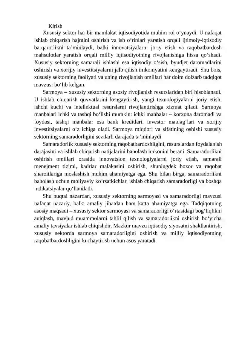 Xususiy Sektorning Sarmoya va Samaradorligi 2