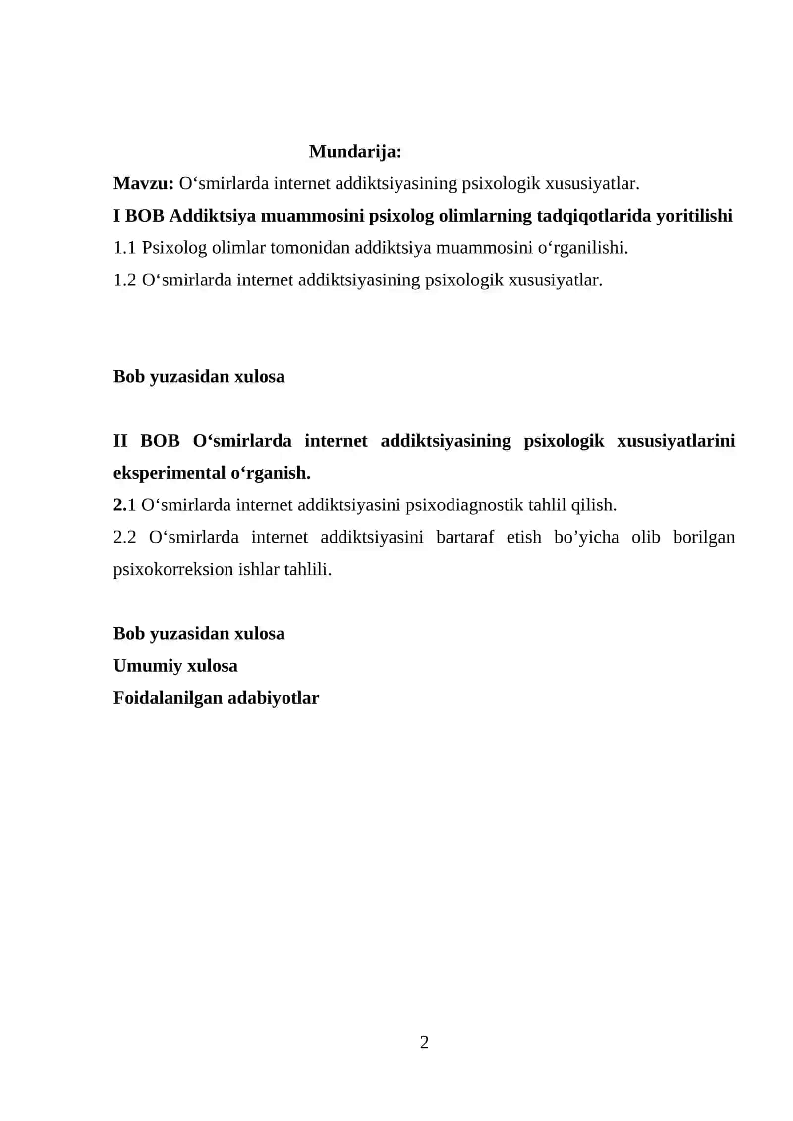 Oʻsmirlarda internet addiktsiyasining psixologik xususiyatlar kurs ishi 2