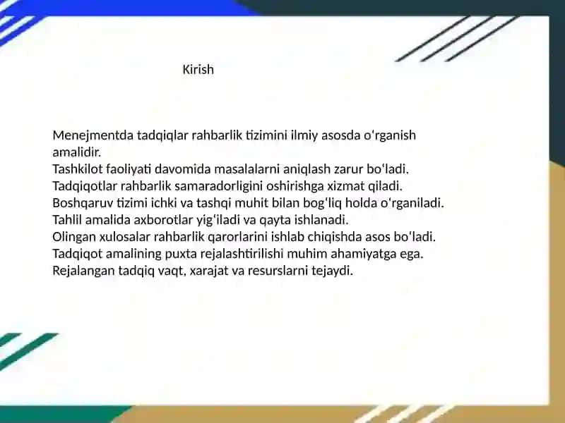 MENEJMENTDA TADQIQOTLARNI REJALASHTIRISH VA TASHKILLASHTIRISH 2