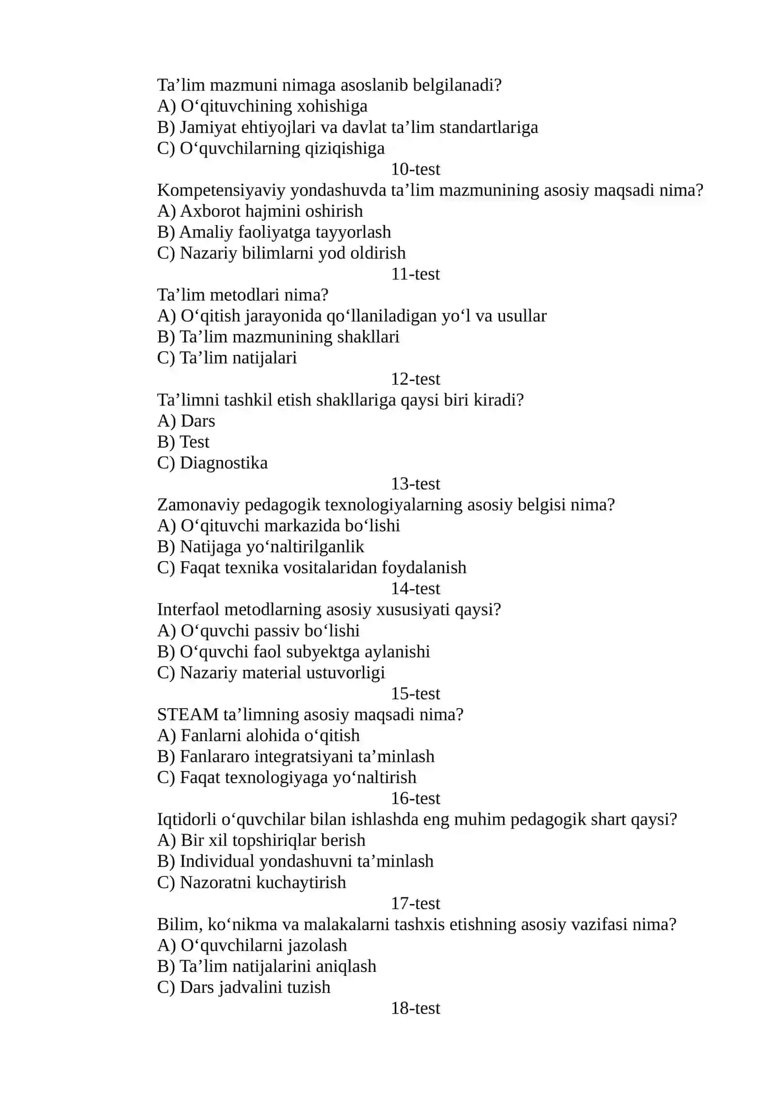 UMUMIY PEDAGOGIKA FANIDAN TEST-BILETLAR 2