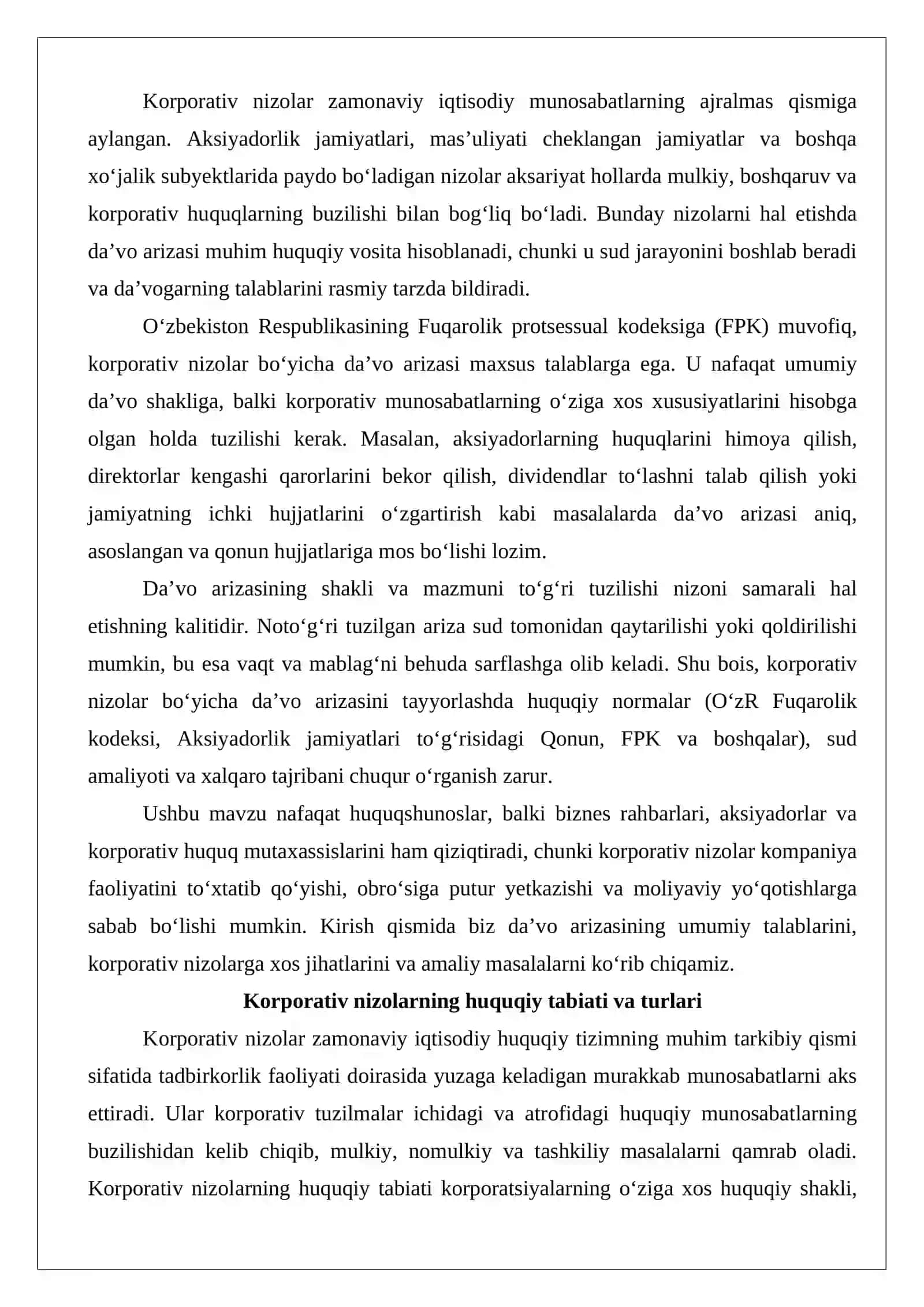 Korporativ nizolar bo‘yicha da’vo arizasining shakli va mazmuni 2