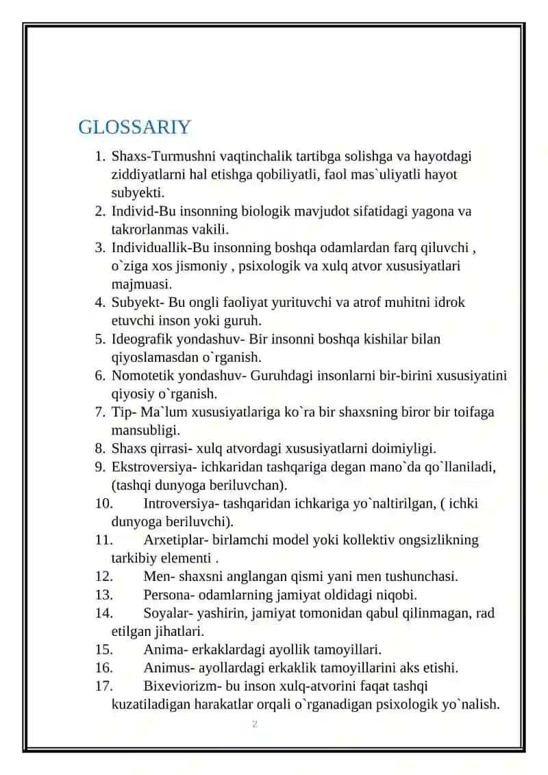 SHAXS PSIXOLOGIYA BO’YICHA GLOSSARIY 2