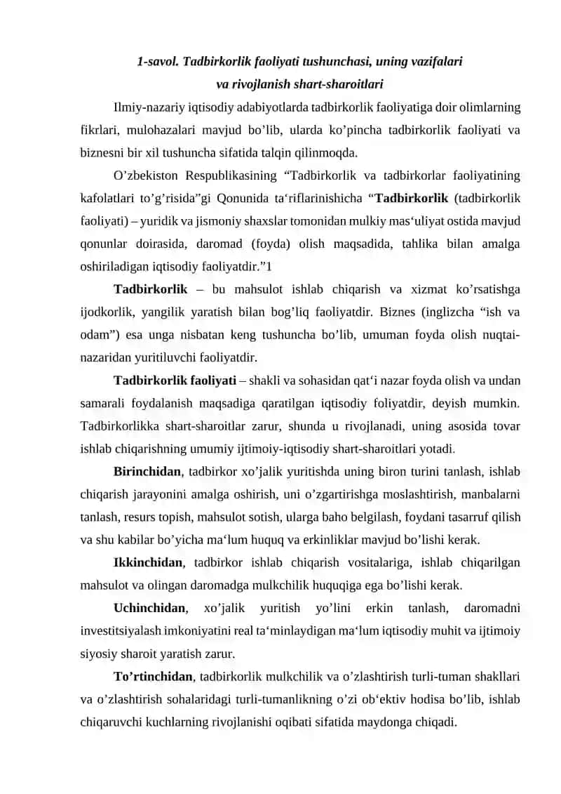 Tadbirkorlik faoliyati va uning aylanishi 2