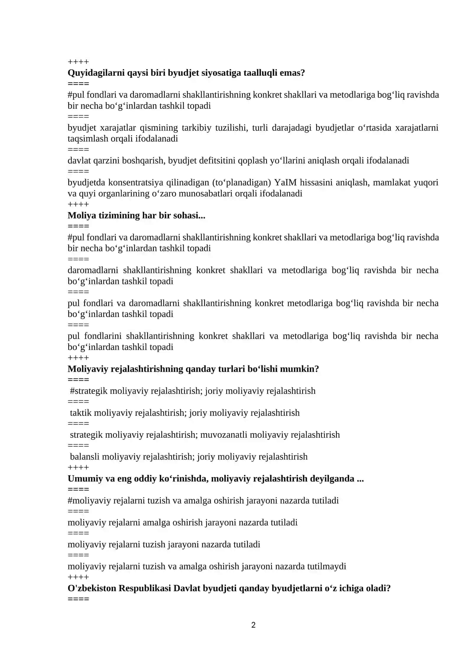 Moliya va moliyaviy texnologiyalar - Test Savollari 2